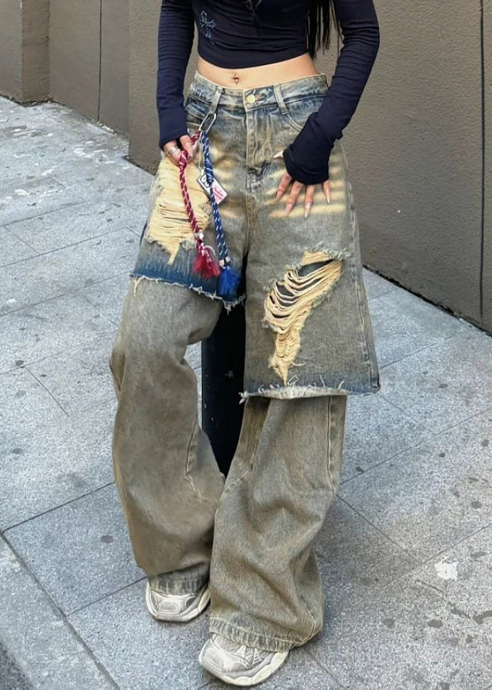 Blue High Waist Fake Two Pieces Hole Denim Pants Fall