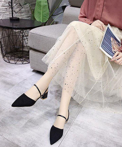 Pointed Toe Splicing Chunky Slide Sandals Black Knit Fabric