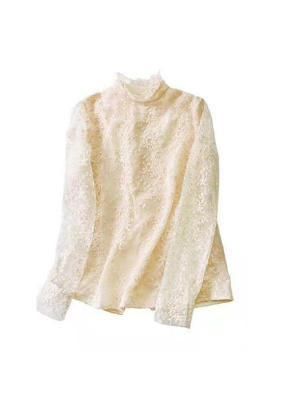 Fitted Milky White Zippered Turtle Neck Lace Tops Spring