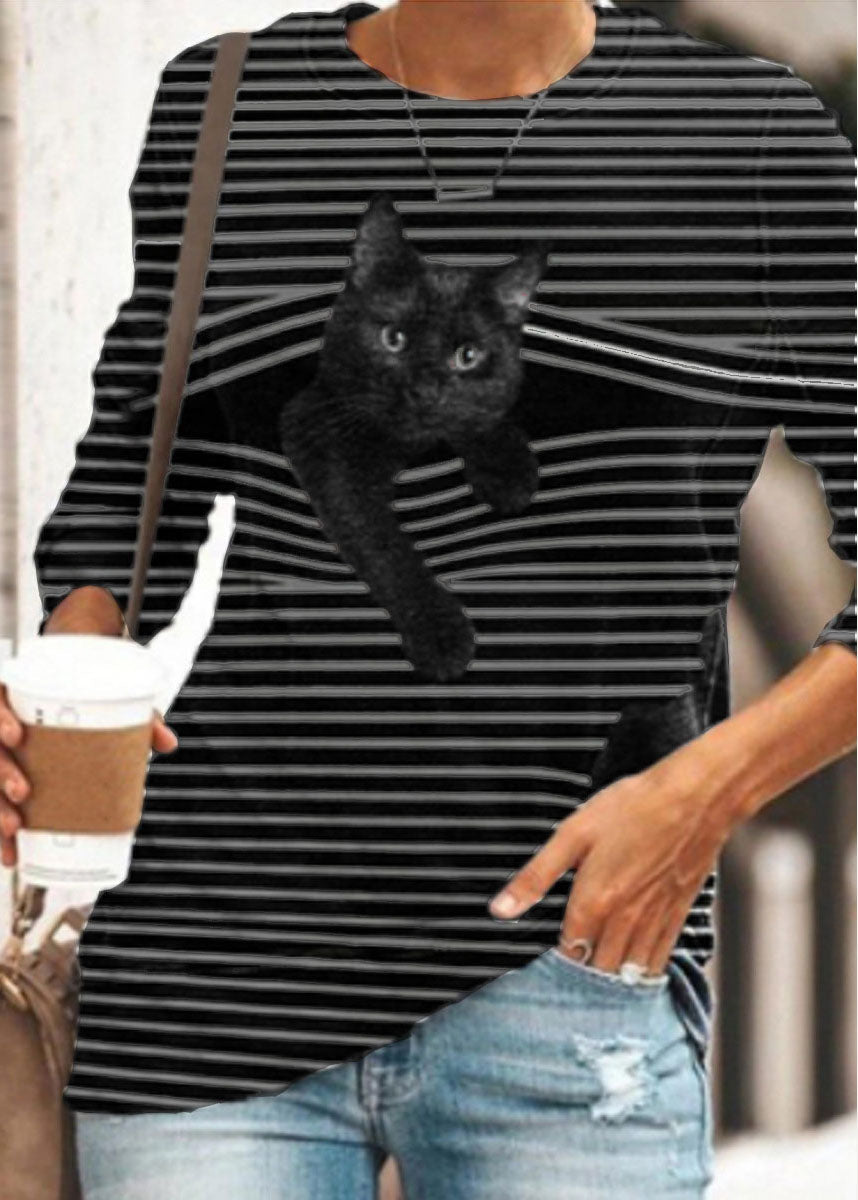 Black Whiet Striped Cat Print O-neck Long Sleeve T-shirts