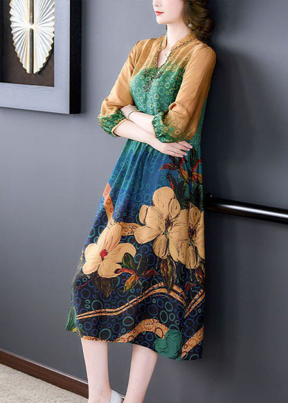 Colorblock Print Wrinkled Silk a Line Dresses Bracelet Sleeve