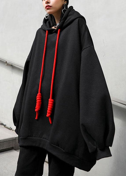 Style Black Hooded Pockets Drawstring Fall Loose Sweatshirts Top