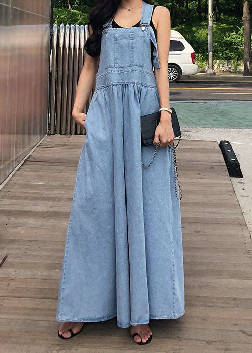 French Blue Wrinkled Patchwork Denim Long Dress Sleeveless Summer