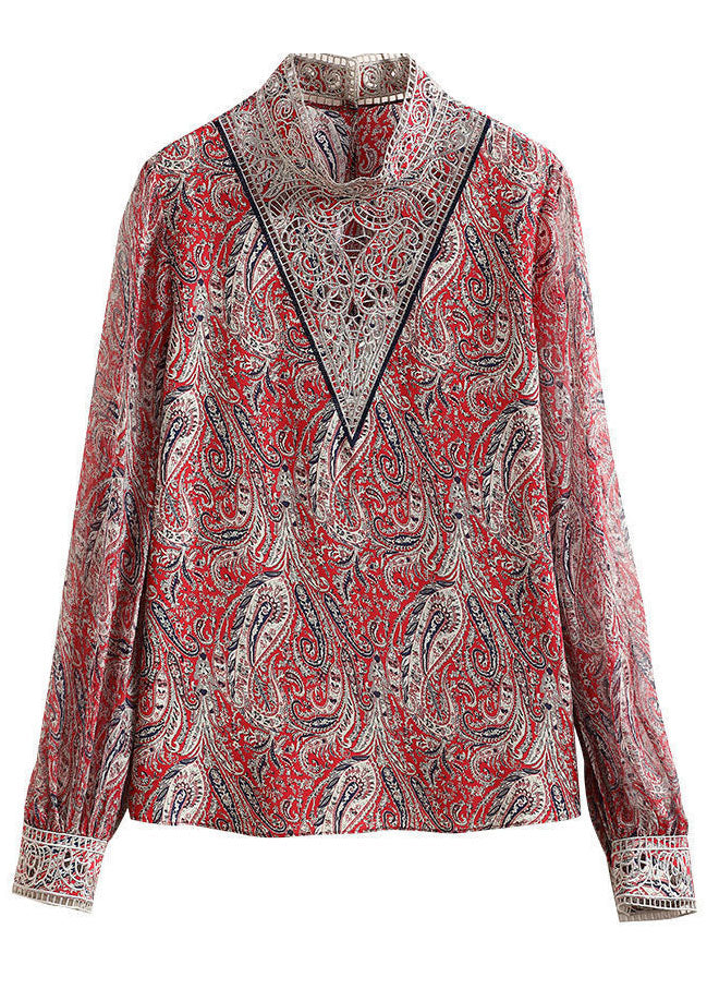 Red Stand Collar Embroideried Print Chiffon Top Lantern Sleeve