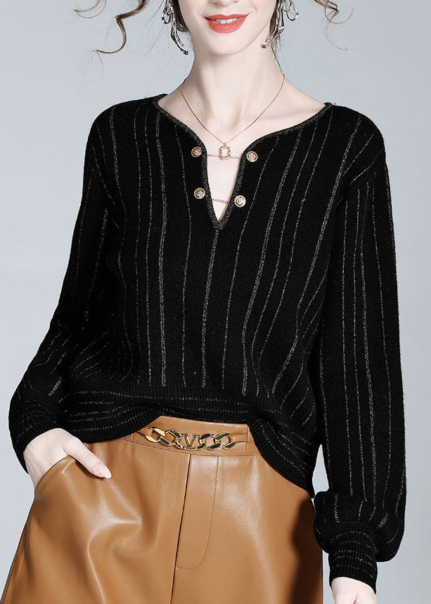 Black V Neck Striped Button Woolen Top Spring