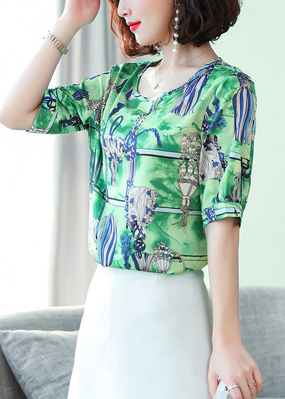 Green Oversized Print Silk Tanks Summer