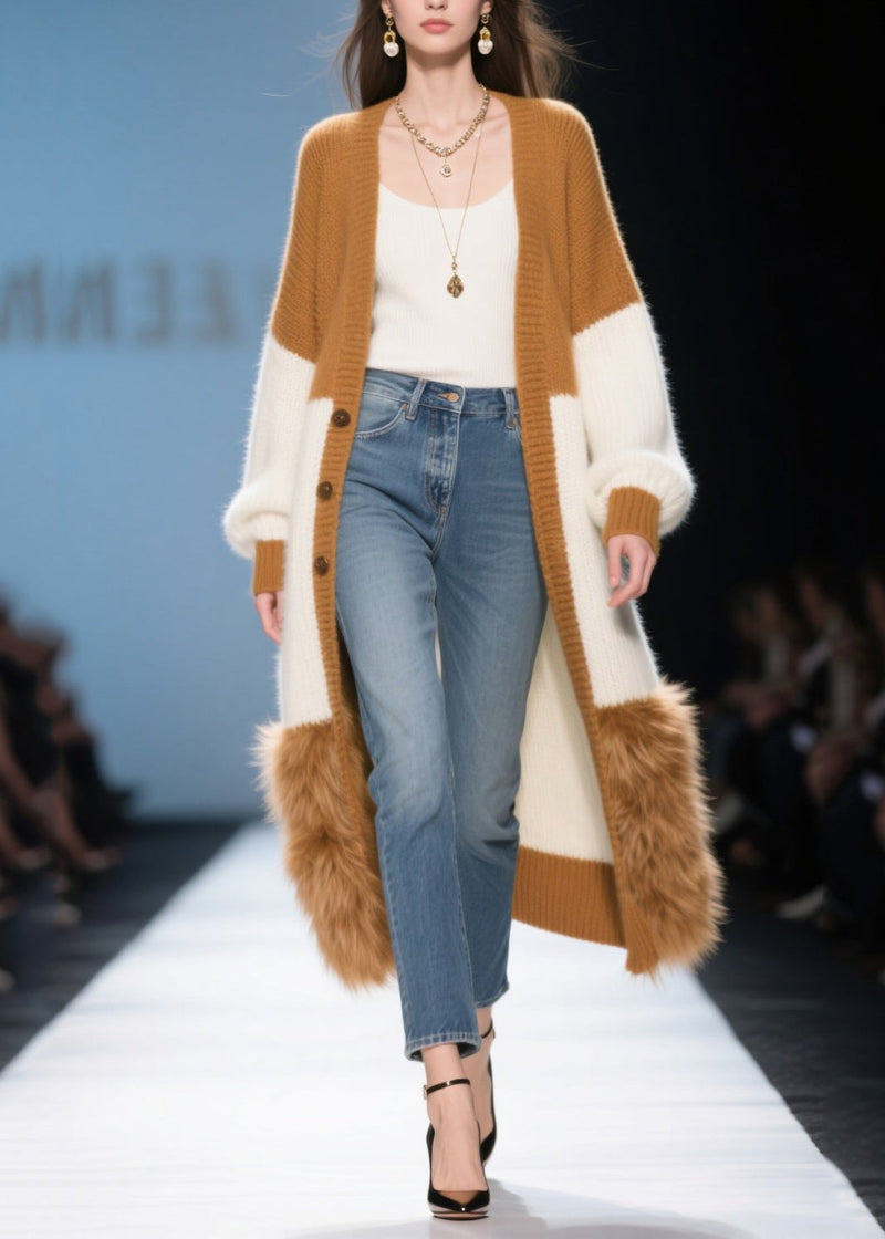 Colorblock Oversized Patchwork Faux Fur Knit Long Cardigans Winter