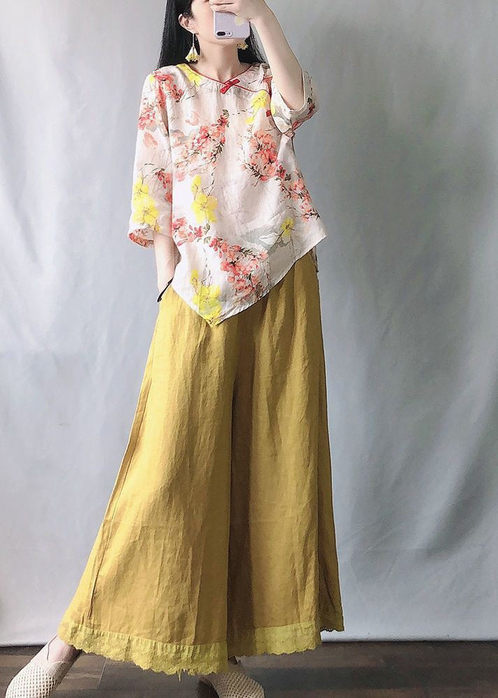 New Pink Print Tops and Yellow Wide Leg Pants Cotton Two-piece Set Half Sleeve