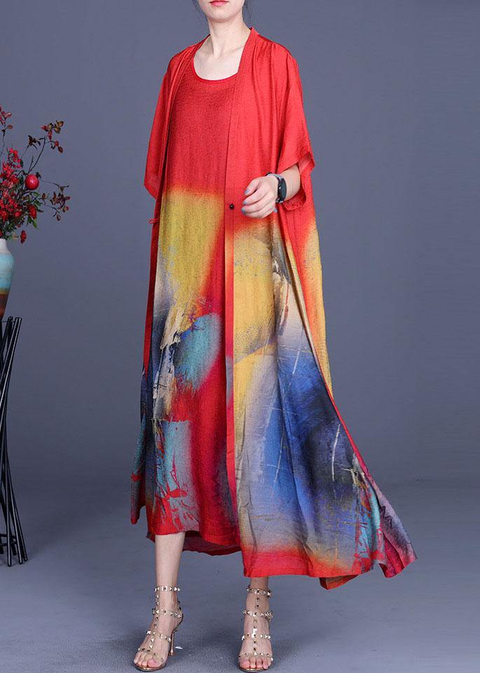 Black Print Silk Cardigans Braces Skirt Two Pieces Set