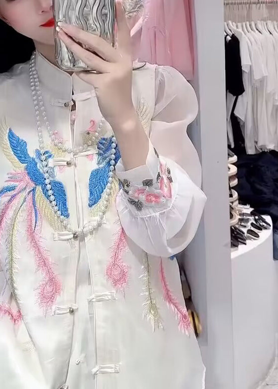 Diy White Embroideried Button Chiffon Waistcoat and Shirts Two Piece Set