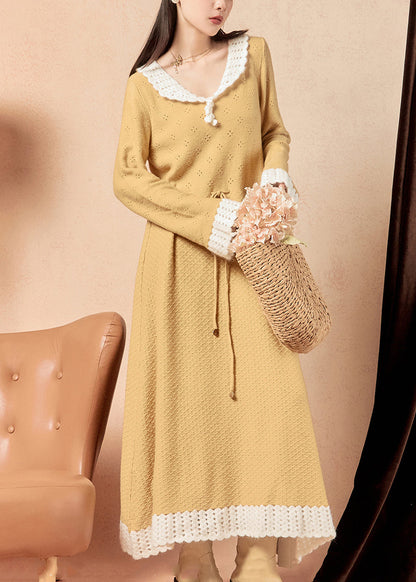 Yellow Hollow Out Lace Up Knit Long Dress Winter
