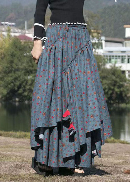 French Dark Grey Tie Waist Print Wrinkled a Line Skirts Fall
