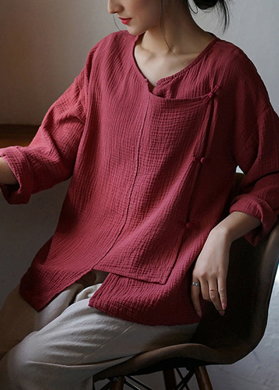 Rust Asymmetrical Button Patchwork Cotton Shirts Fall