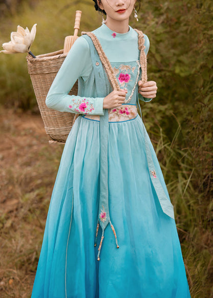 Vogue Blue Slash Neck Embroideried Gradient Color Button Silk Maxi Dress Sleeveless