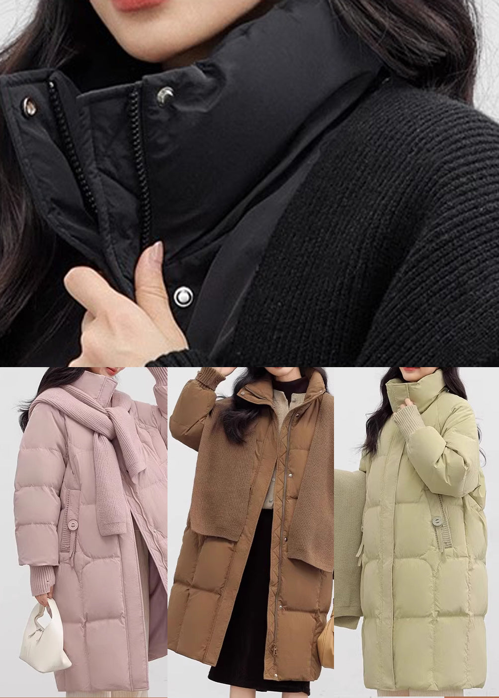 Italian Brown Oversized With Knitted Scarf Duck Down Down Coat Winter