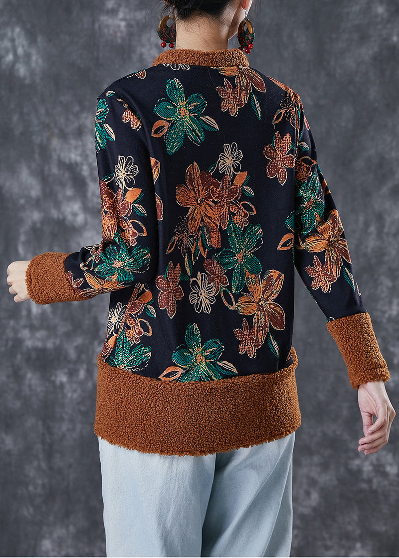 Black Print Patchwork Warm Fleece Coats Winter