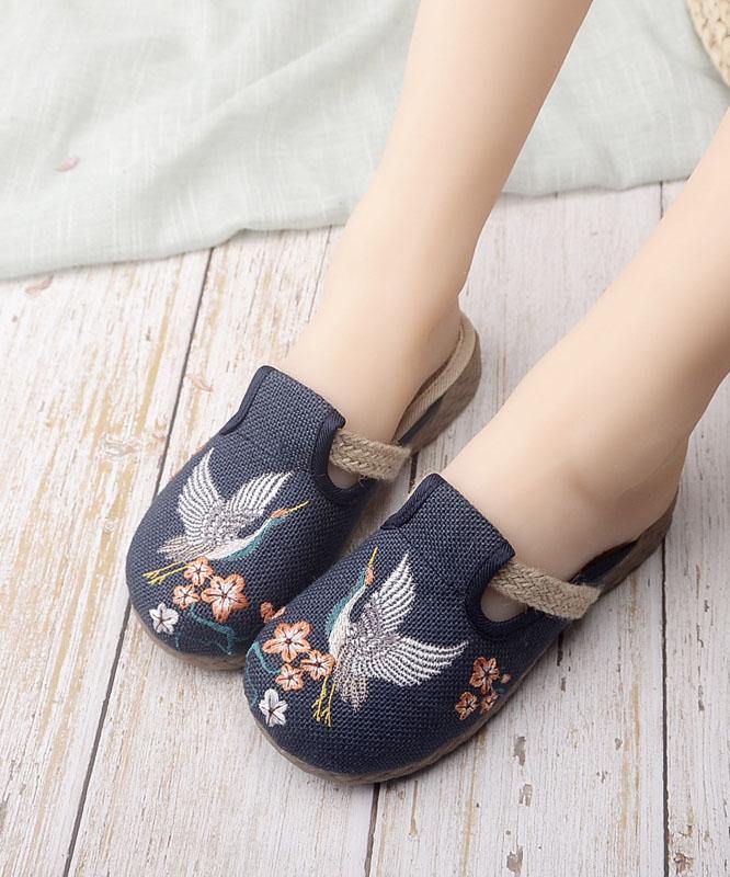 Khaki Embroideried Linen Fabric Slippers Shoes