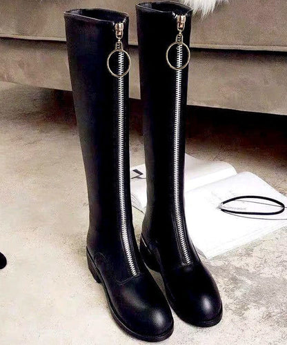 Black Zippered Cowhide Leather Knee Boots