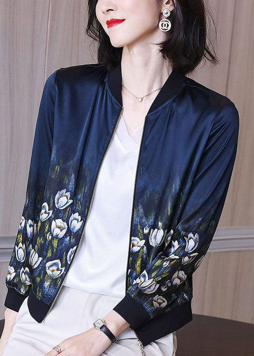 Stylish Blue Stand Collar Zip Up Print Silk Jackets Fall