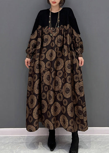 Loose Brown O-neck Patchwork Dot Print Maxi Dress Fall