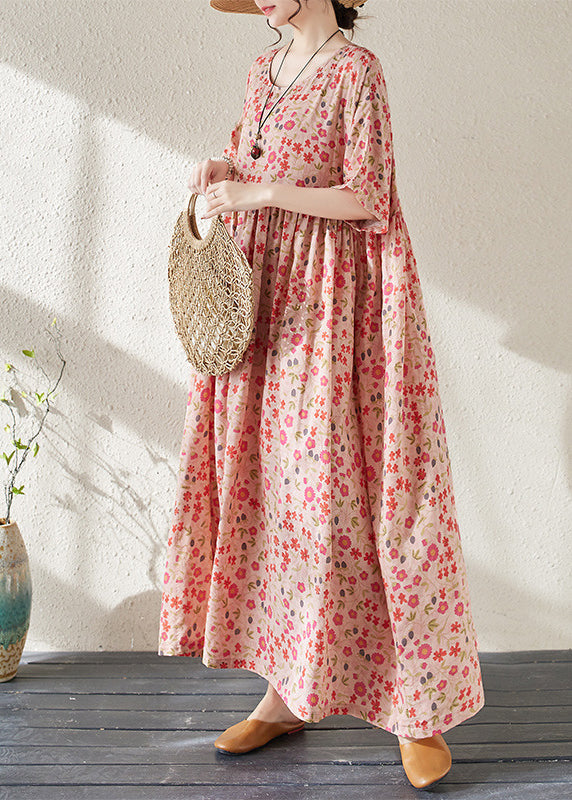 Red O-neck Print Wrinkled Long Dresses Short Sleeve