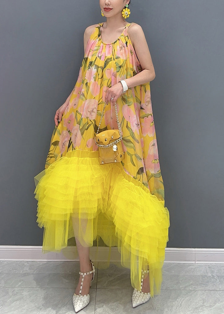 Yellow Print Tulle Patchwork Long Dress Sleeveless