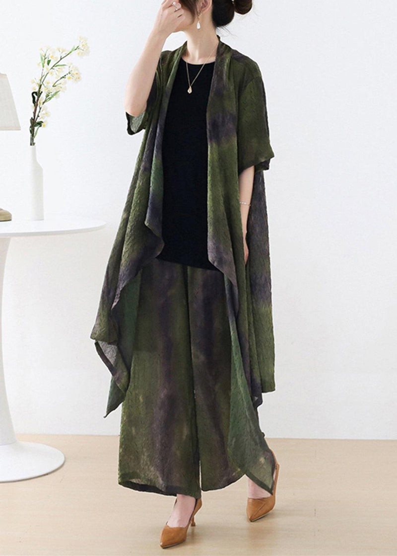 Green Silk Blended Tie Dye Asymmetrical Wide Leg Design Two Piece Set