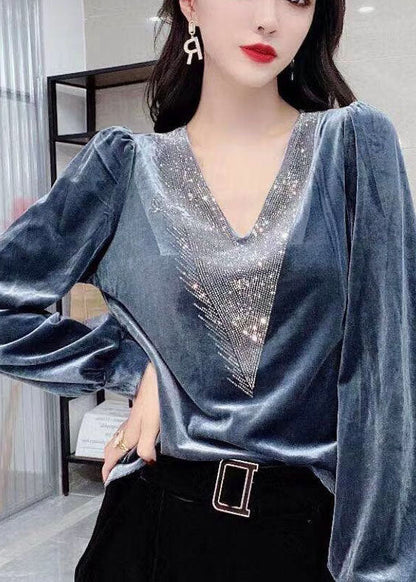 Black V Neck Sequins Silk Velour Top Long Sleeve