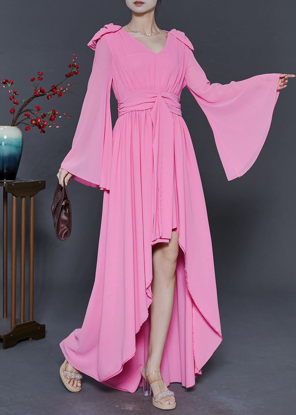 Pink Low High Design Exra Large Hem Chiffon Vacation Dresses Fall