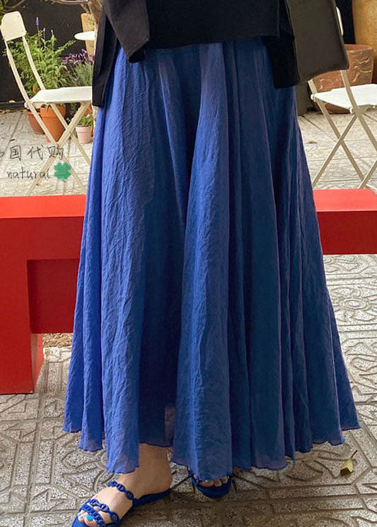 Blue Wrinkled Elastic Waist Cotton Skirt Summer