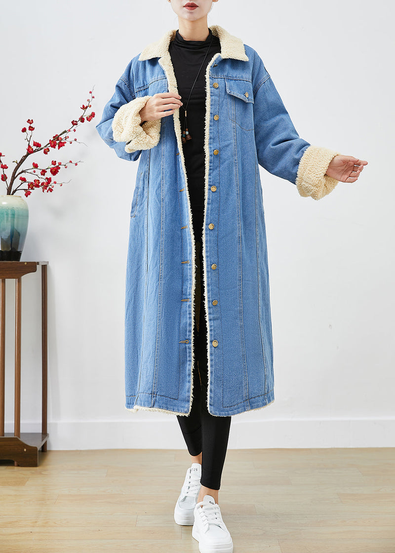 Blue Oversized Thick Fleece Wool Lined Denim Trench Coats Winter