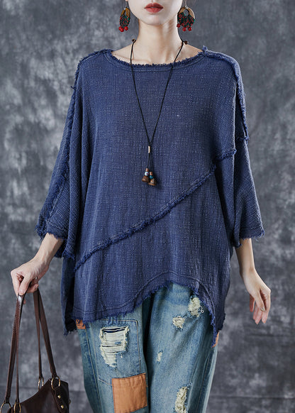 Navy Oversized Patchwork Cotton Blouse Top Spring