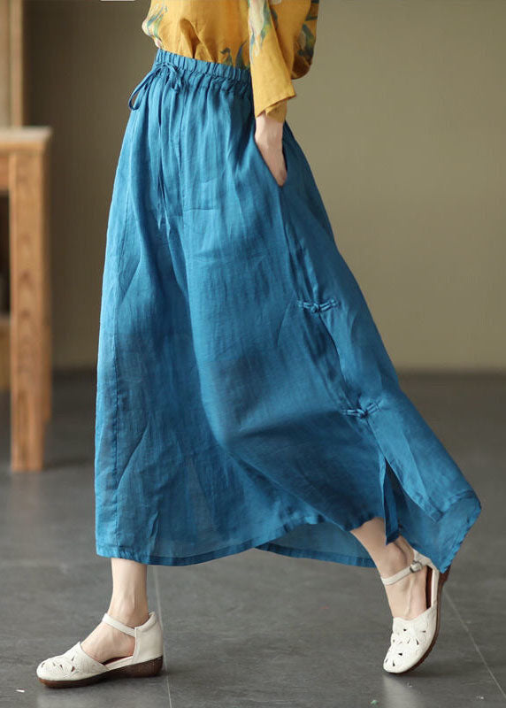 Blue Cinched Pockets Chinese Button Patchwork Cotton Skirts Summer