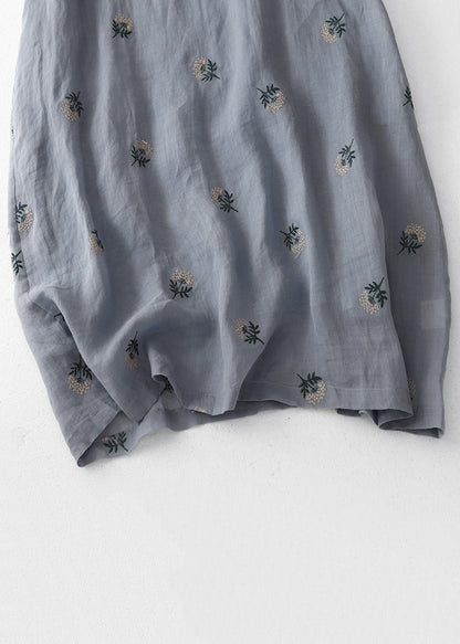 Grey Embroidered Button Cotton Dresses Half Sleeve Summer