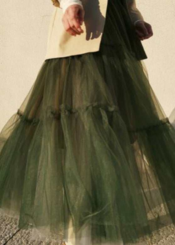 Simple Green Cinched High Waist Tulle Skirts Spring