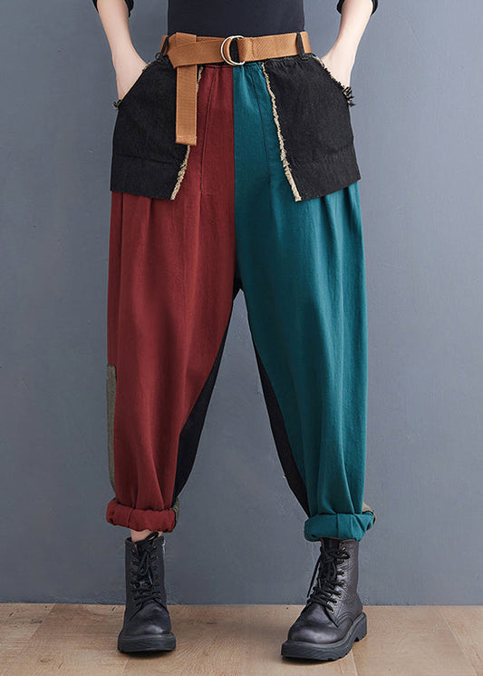 Colorblock Pockets Patchwork Cotton Denim Harm Pants Summer