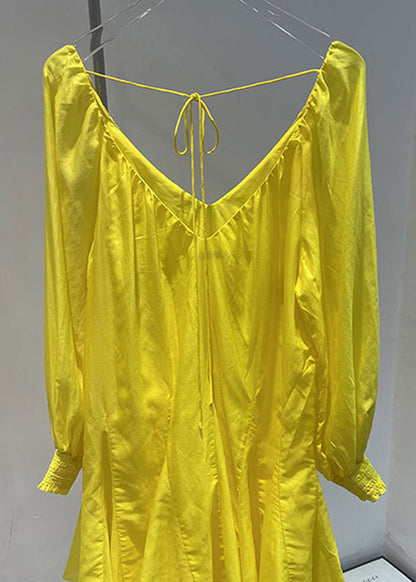 French Yellow V Neck Cotton Mid Dress Fall