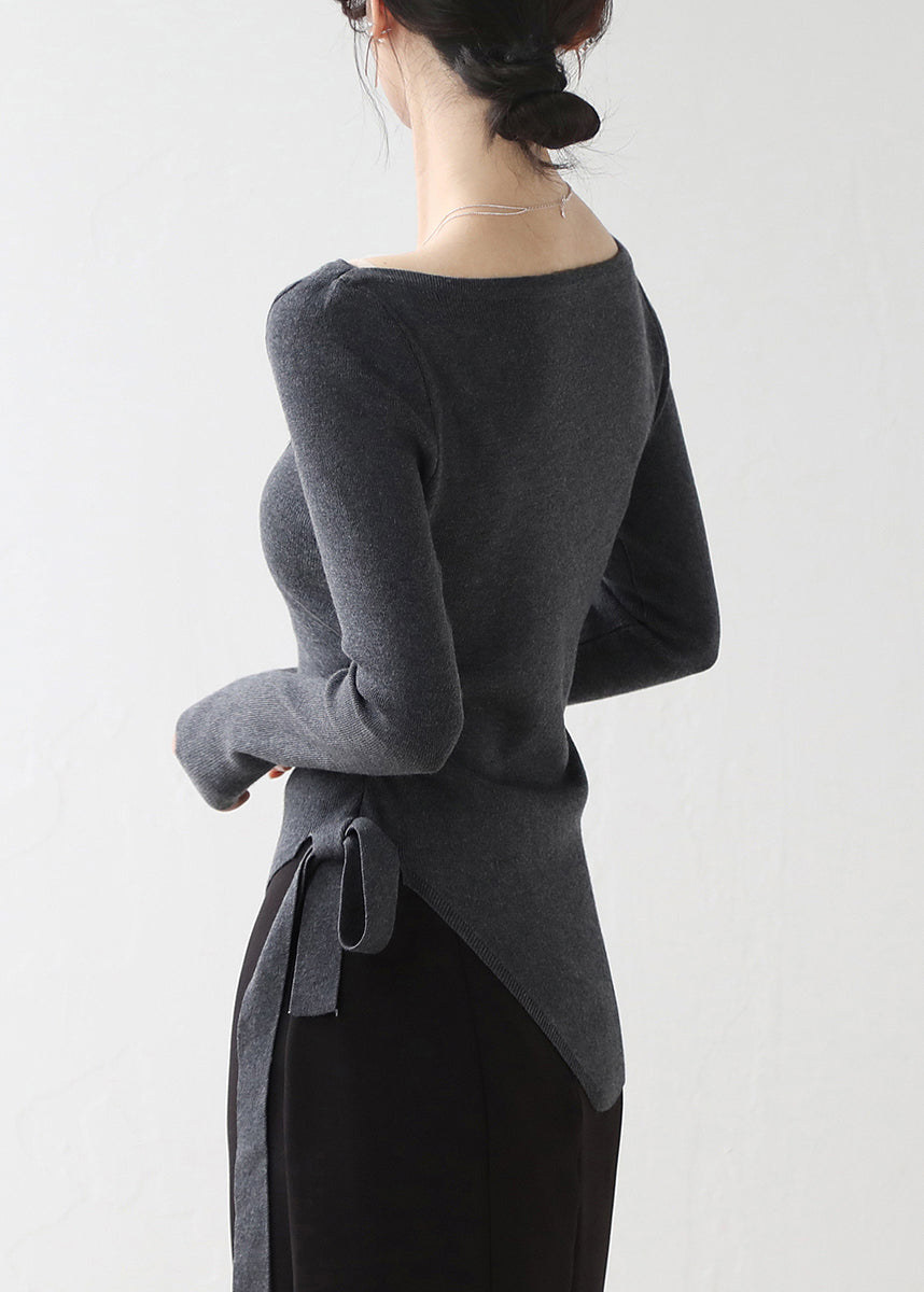 French Dark Grey Asymmetrical Sequins Knit Sweater Winter