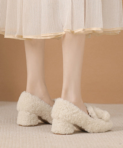 Beige Faux Fur Splicing Chunky High Heels Fuzzy Wool Lined