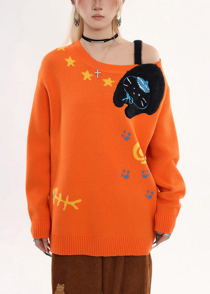 Orange Embroidered Cold Shoulder Knit Sweater Winter