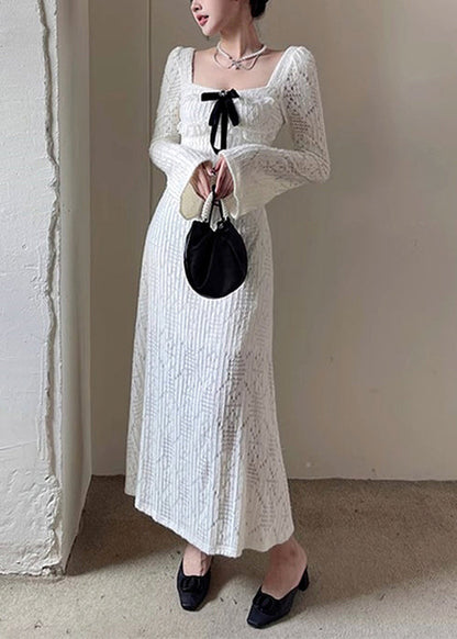 White Square Collar Hollow Out Cotton Long Dresses Spring