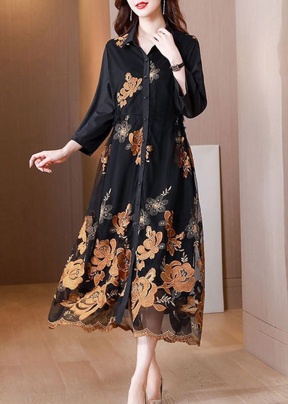 Black Embroideried Tie Waist Tulle Patchwork Shirts Long Dresses Fall