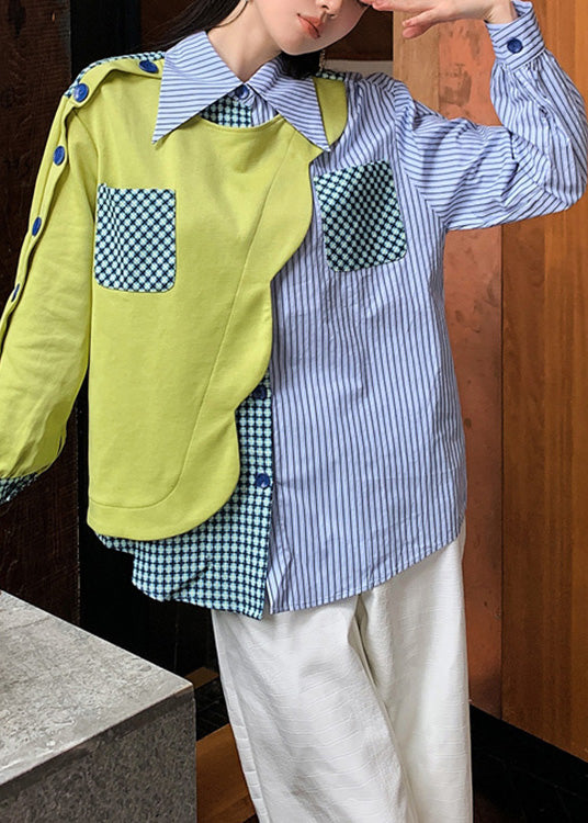 Peter Pan Collar Striped Patchwork Button Shirts Spring