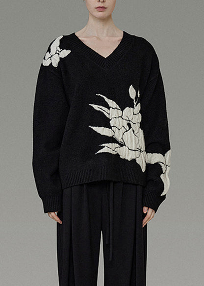Black V Neck Cozy Cotton Knit Sweater Winter