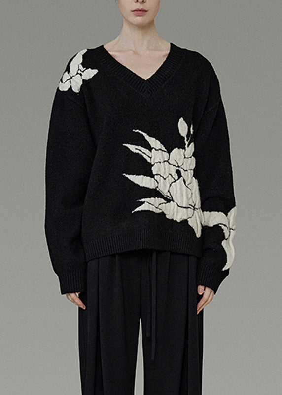 Black V Neck Cozy Cotton Knit Sweater Winter