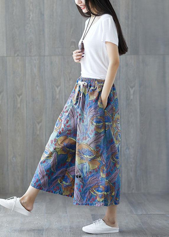 Blue Pockets Print Tie Waist Fall Wide Leg Pants