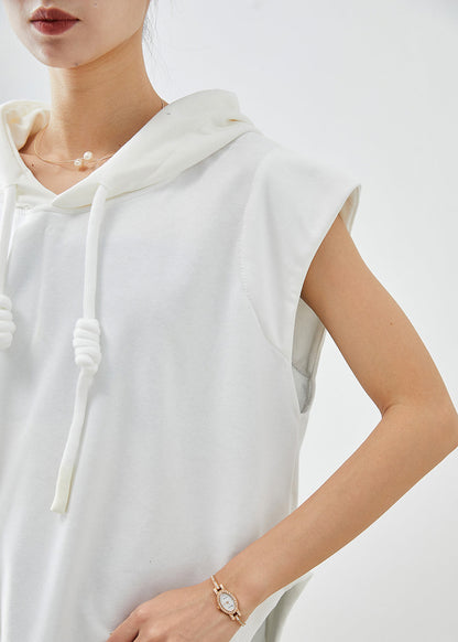 White Hooded Drawstring Side Open Cotton Sweatshirts Top Sleeveless