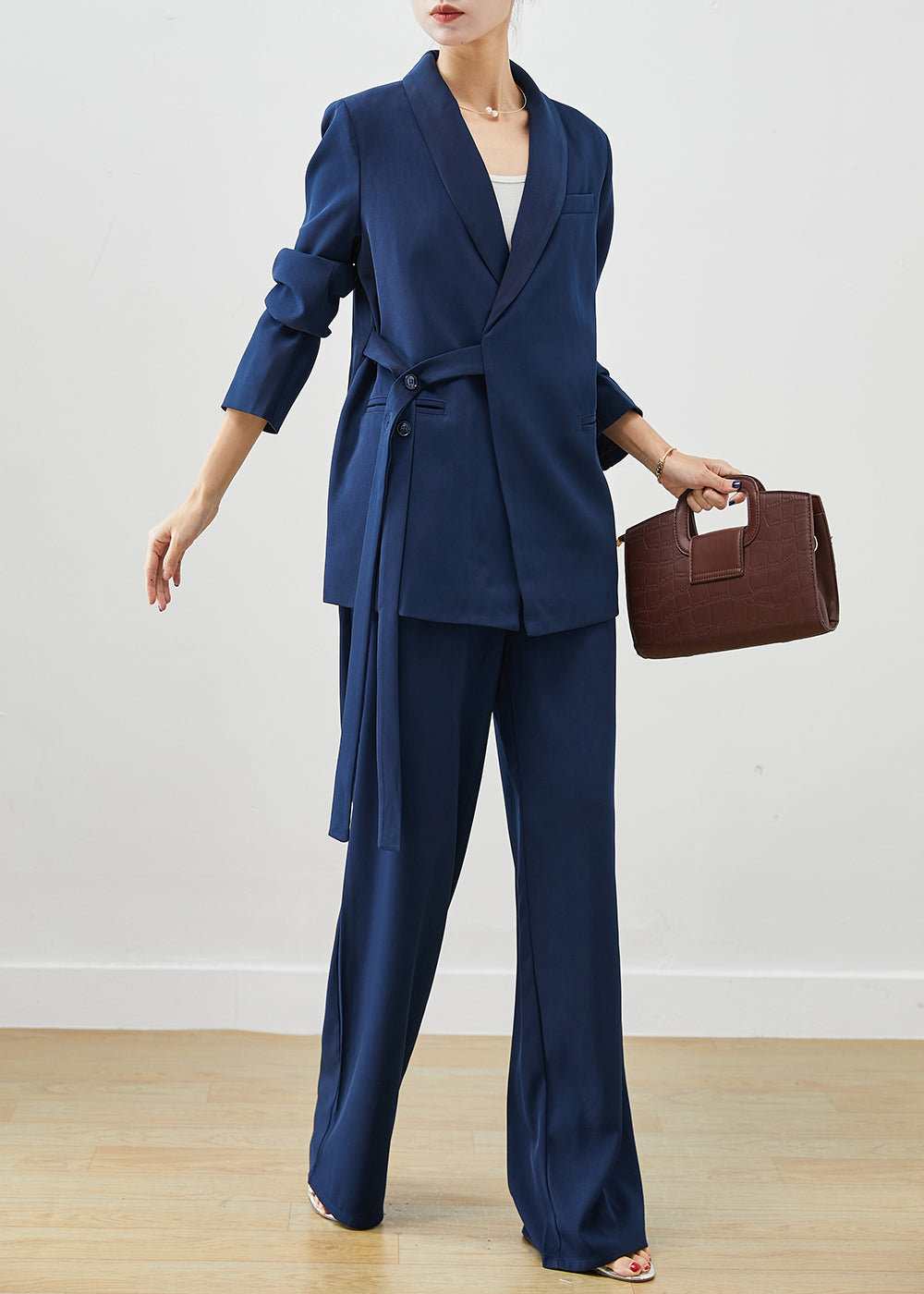 Navy Tie Waist Draping Spandex Two Pieces Set Fall