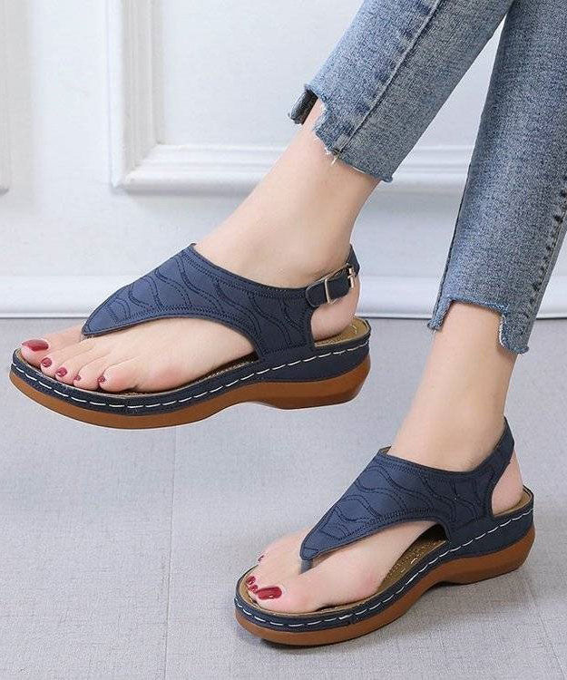 Faux Leather Peep Toe Buckle Strap Splicing Blue Platform Sandals