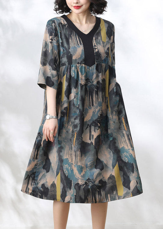 Blue V Neck Print Wrinkled Dress Half Sleeve